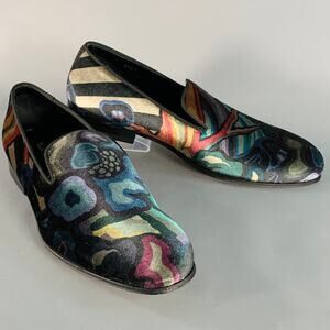 PAUL SMITH Size 8 Black Multi Color Abstract Print Velvet Slip On Loafers